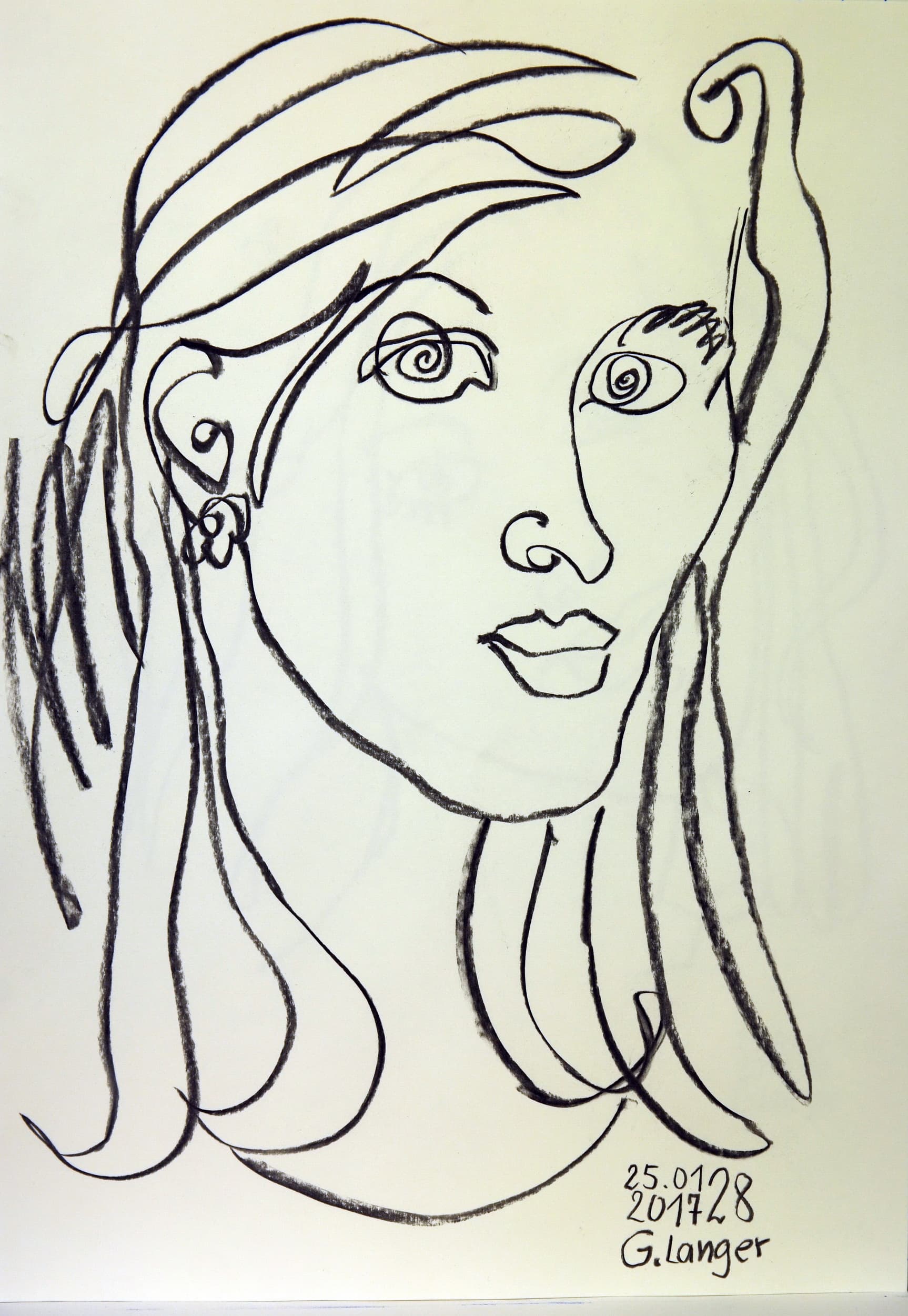 Gunter Langer, Portrait einer Frau, 2017, Zeichnung Kohle (Kohlezeichnung), Karton, 59 x 42 cm